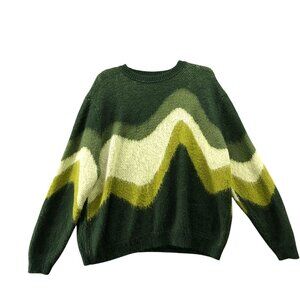 ASOS Fluffy Jumper Mens XL Green Wavy Print Crewneck Relaxed Sweater Pullover